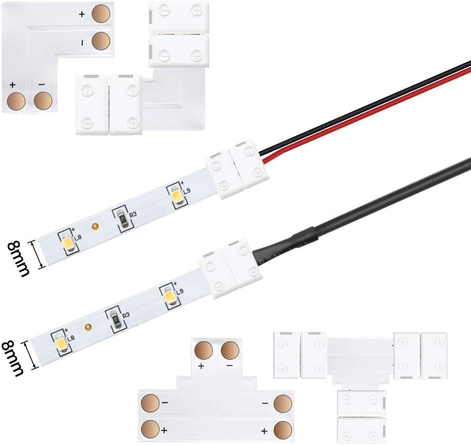 LightingWill 2 Pin LED Strip Light Connector Kit, 8mm Solderless Adapter Connectors, LED Strip Accessories Set for 8mm Wide 3528 2835 Single Color Flex LED Strips, 24 Pack
