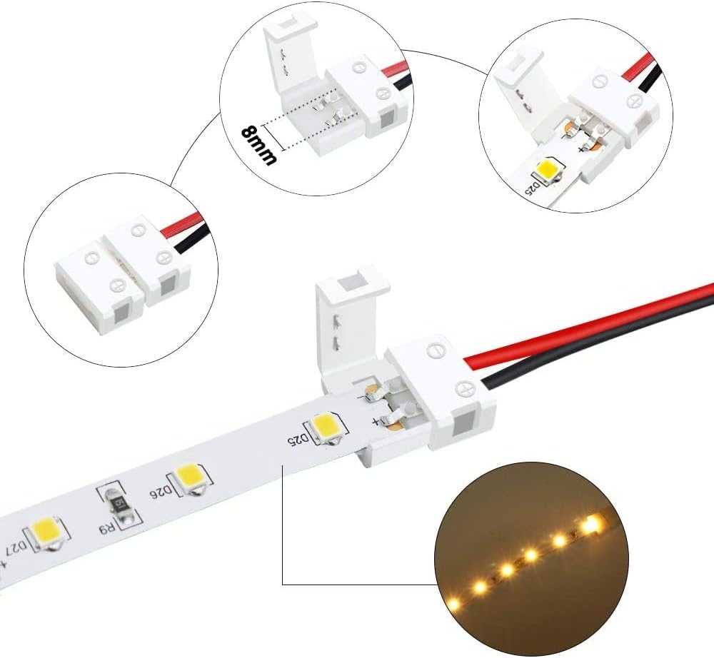 LightingWill 2 Pin LED Strip Light Connector Kit, 8mm Solderless Adapter Connectors, LED Strip Accessories Set for 8mm Wide 3528 2835 Single Color Flex LED Strips, 24 Pack