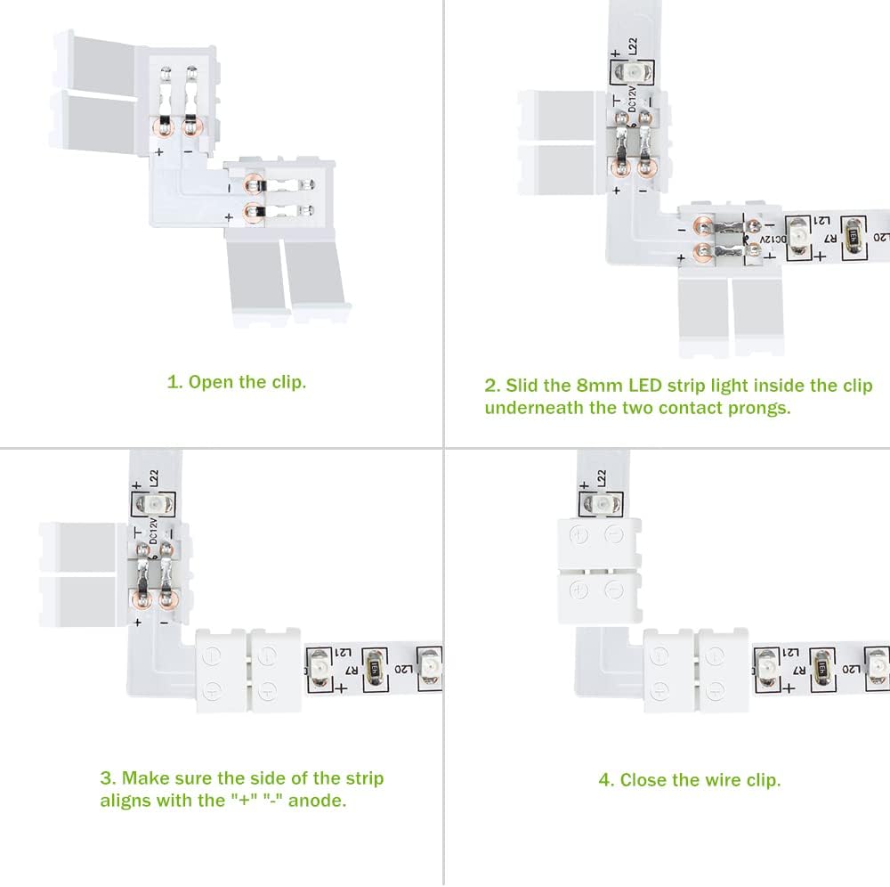 LightingWill 10pcs Pack L Shape Solderless Snap Down 2Conductor LED Strip Connector for Right Angle Corner or 90 Degree Connection of 8mm Wide 3528 2835 Single Color Flex LED Strips