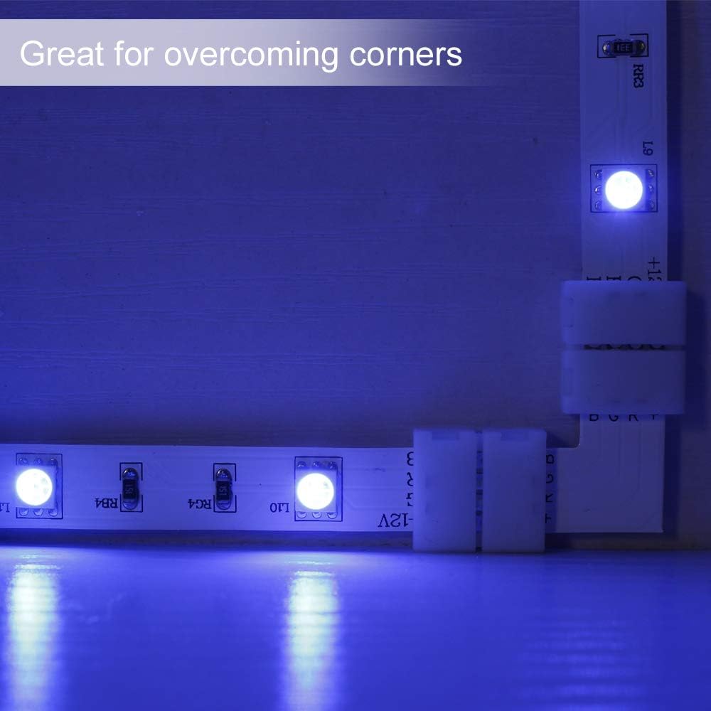 LightingWill 10Pack L Shap 4-Pin RGB LED Light Strip Connector 10mm Solderless Adapter Connectors for 5050 Multicolor LED Strip Light