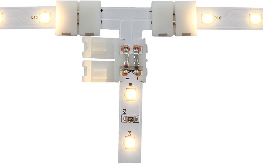 LightingWill 10pcs/Pack T Shape Solderless Snap Down 2Pin Conductor LED Strip Connector for Quick Splitter Connection of 8mm Wide 3528 2835 Single Color Flex LED Strips