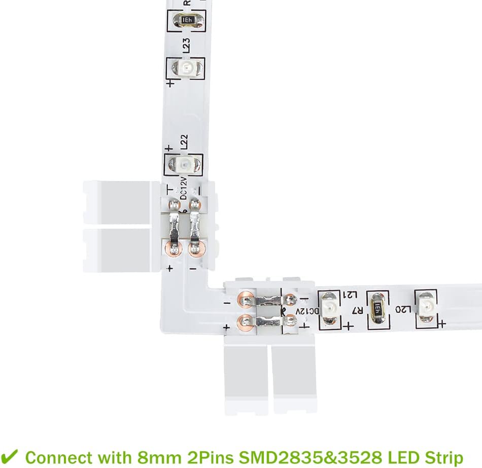 LightingWill 10pcs Pack L Shape Solderless Snap Down 2Conductor LED Strip Connector for Right Angle Corner or 90 Degree Connection of 8mm Wide 3528 2835 Single Color Flex LED Strips