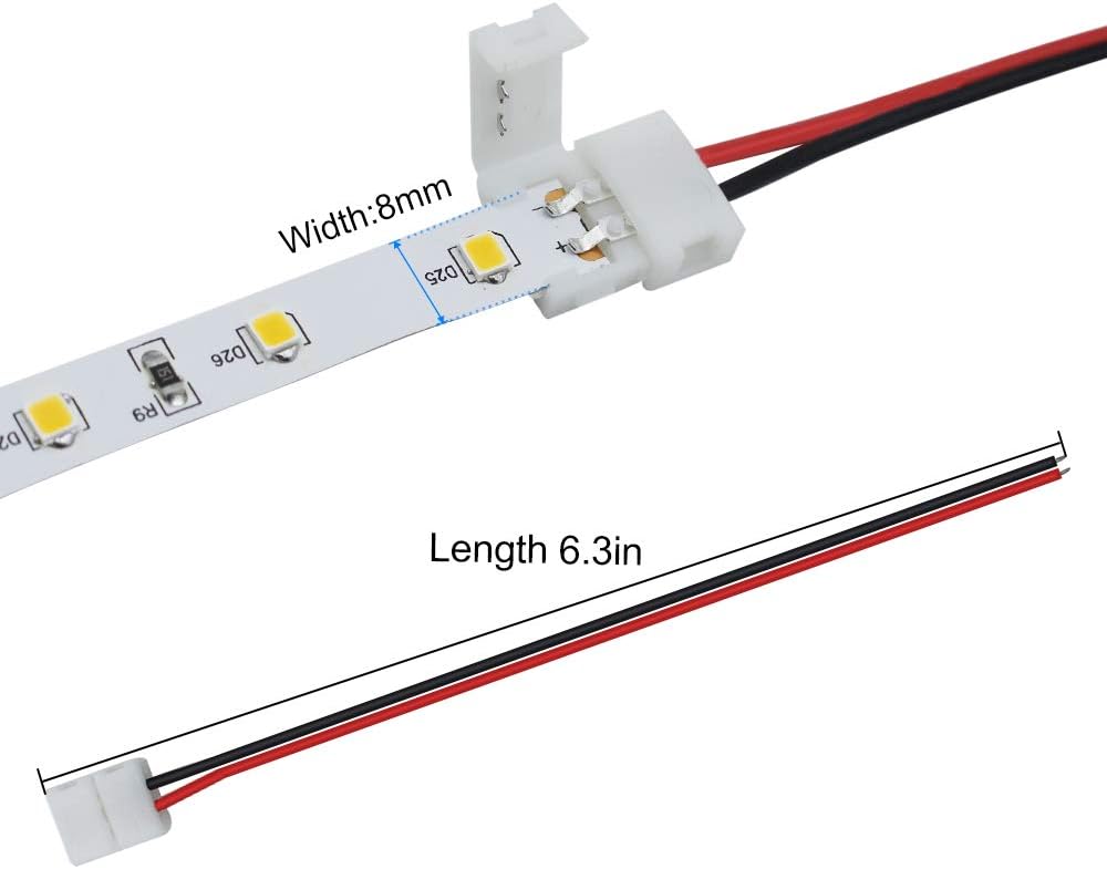 LightingWill 10pcs Pack Strip Wire Solderless Snap Down 2Pin Conductor LED Strip Connector for 8mm Wide 3528 2835 Single Color Flex LED Strips