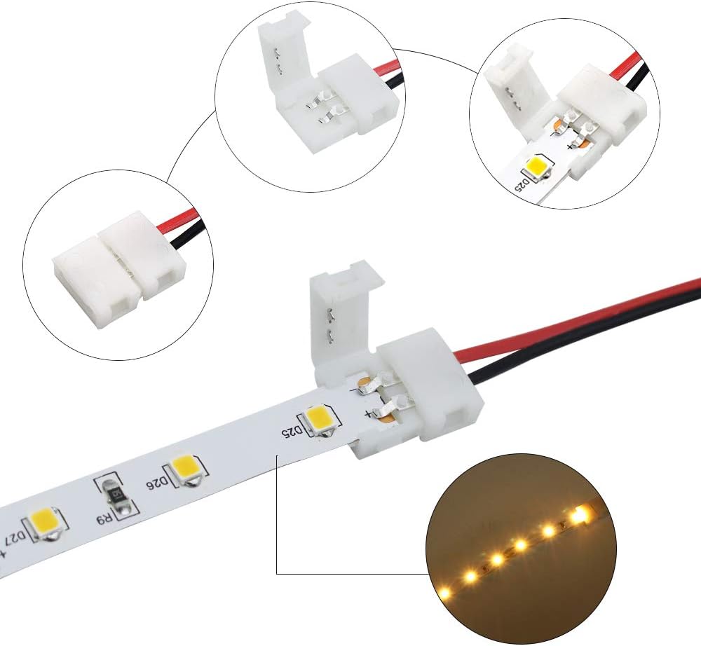 LightingWill 10pcs Pack Strip Wire Solderless Snap Down 2Pin Conductor LED Strip Connector for 8mm Wide 3528 2835 Single Color Flex LED Strips