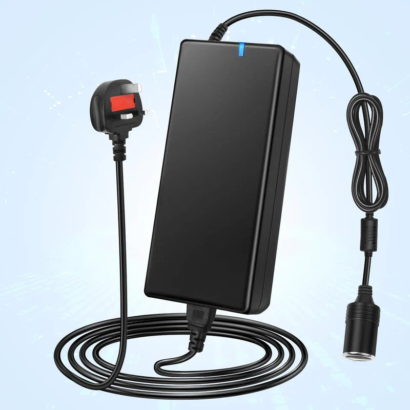 Cigarette Lighter Desktop Power Supply Adapter DC 12V 60W–120W, AC 100–240V Input Converter Transformer with US/UK Plug for Car Accessories, Air Pump, Cooler, Electronics