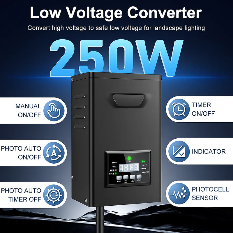 Low Voltage Landscape Lighting Transformer 200W / 250W – Outdoor Weatherproof 120V AC to 12V/15V AC Power Supply with Timer and Photocell for Garden, Yard and Pathway Lights