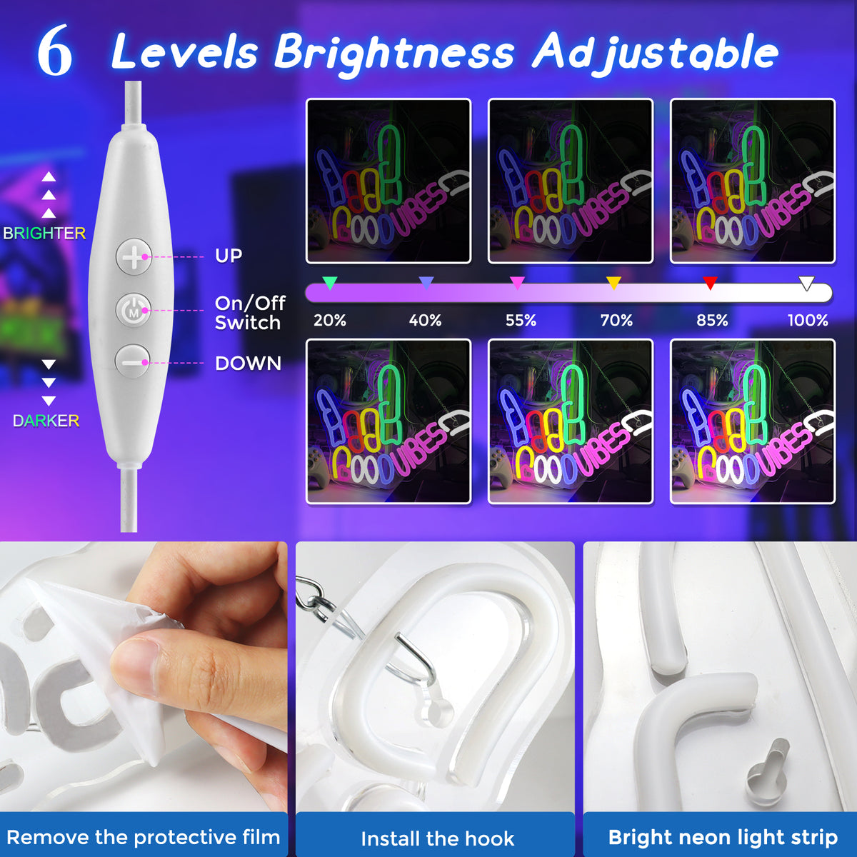 LightingWill Good Vibes Neon Sign - R&R Vibrant LED Finger Light for Colorful Ambiance; Dimmable and USB Powered Neon Signs for Wall Decor; Eye-Catching LED Lights for Game Room, Party, Wedding or Bar; Easy to Install, Durable, and Energy-Efficient