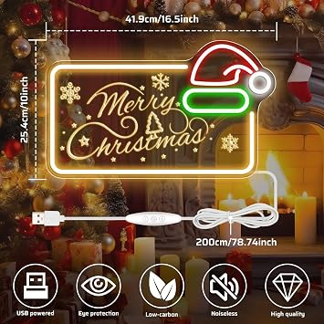 LED Neon Signs – MERRY CHRISTMAS Silicone Neon Sign with Santa Hat – 16.5×10 Inch | Yellow, Red, Green & White Glow Neon Lamp with Accessories Included | Hanging Holiday Decor for Christmas Party, Bedroom & Home Spaces