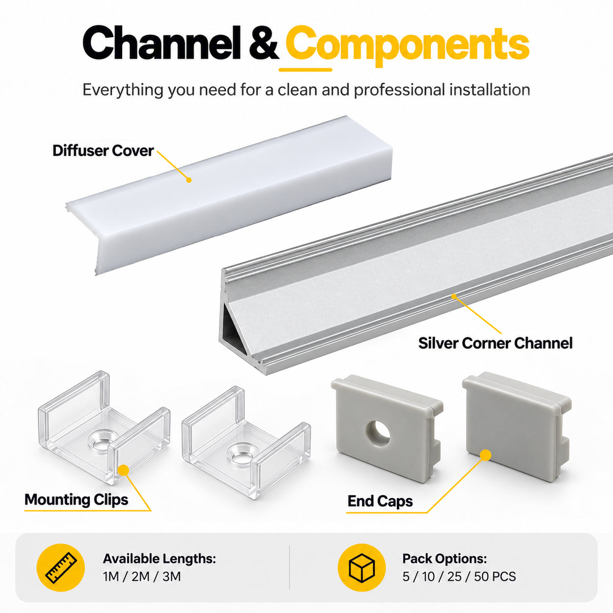 Silver V01 16x16mm V-Shape Corner-Mount LED Aluminum Channel, 12mm Inner Width, with Cover, End Caps & Mounting Clips