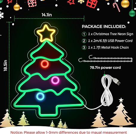 LED Neon Signs – Christmas Tree Silicone Neon Sign – 18.5×14.17 Inch | USB Neon Light for Wall Decor | Dimmable Neon Lamp with Accessories Included | Hanging Holiday Decor for Christmas Party, Bedroom & Home Spaces