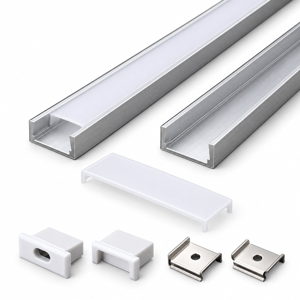 Silver 610-B 15.5 × 5.9mm LED Aluminum Channel, 12mm Inner Width, with Milky White Cover & Installation Accessories