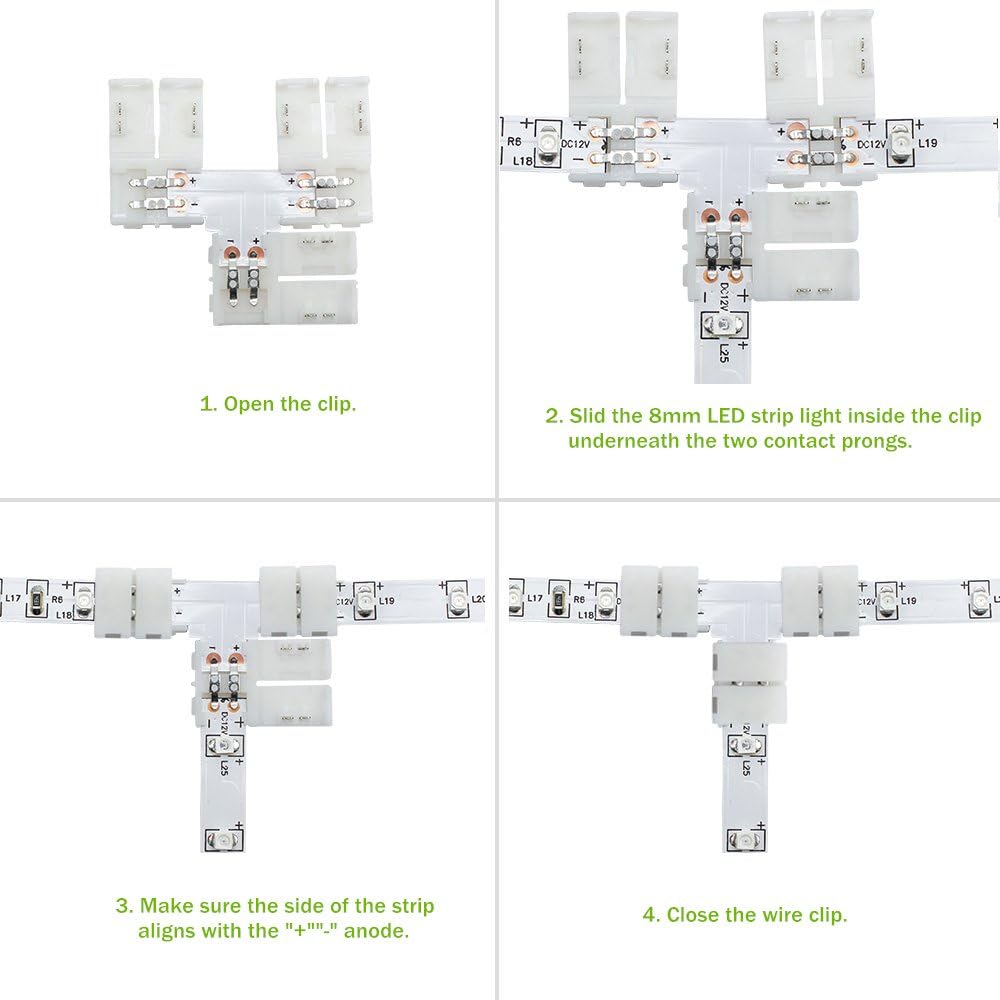 LightingWill 10pcs/Pack T Shape Solderless Snap Down 2Pin Conductor LED Strip Connector for Quick Splitter Connection of 8mm Wide 3528 2835 Single Color Flex LED Strips