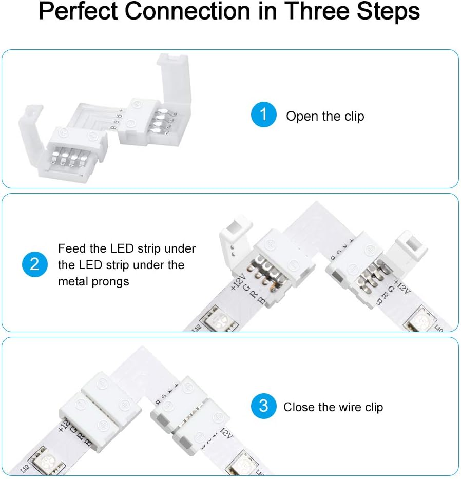 LightingWill 10Pack L Shap 4-Pin RGB LED Light Strip Connector 10mm Solderless Adapter Connectors for 5050 Multicolor LED Strip Light