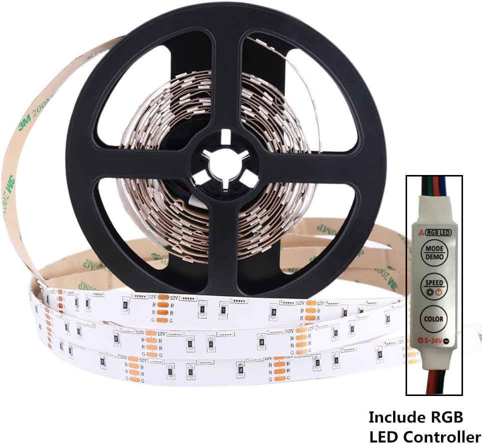 LightingWill Side View RGB LED Strip Lights SMD020 16.4Ft(5M) 300LEDs 60LEDs/M DC12V 14.4W 2.88W/M 10mm White PCB Flexible Ribbon Strip with 3M Adhesive Tape Non-Waterproof