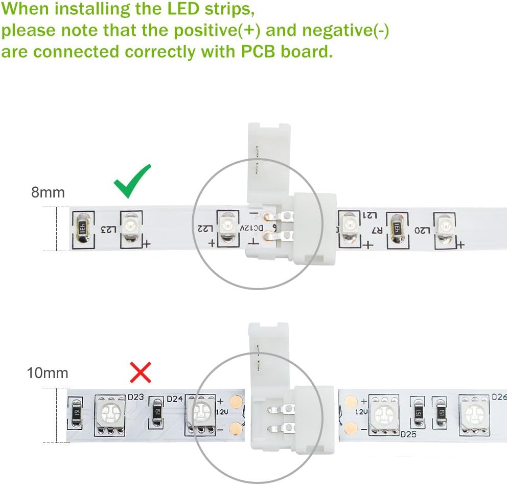 LightingWill 10pcs/Pack T Shape Solderless Snap Down 2Pin Conductor LED Strip Connector for Quick Splitter Connection of 8mm Wide 3528 2835 Single Color Flex LED Strips