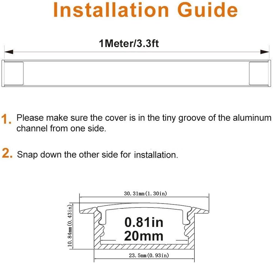 LightingWill 10-Pack 3.3ft/1M 10x30mm Silver U-Shape Internal Width 20mm LED Aluminum Channel System with Cover, End Caps and Mounting Clips Aluminum Profile for LED Strip Light Installations