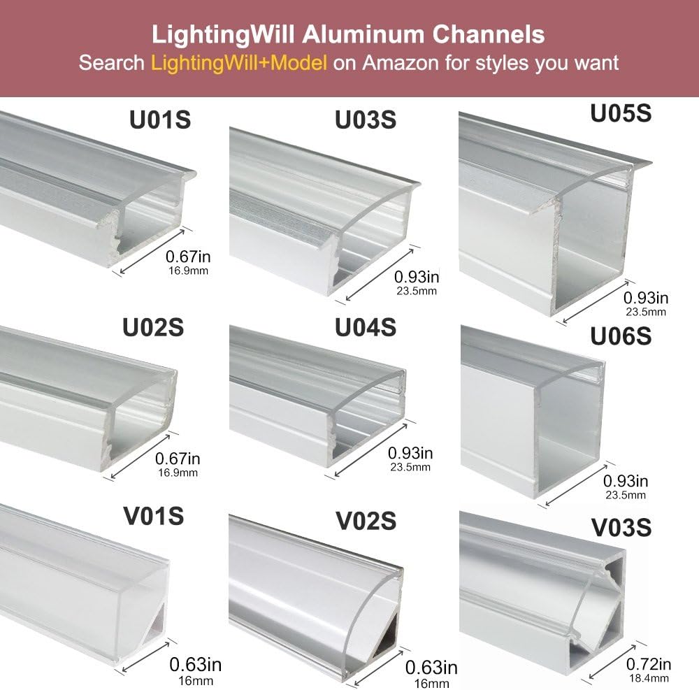 LightingWill LED Aluminum Channel with Clear Cover, LightingWill 10 Pack 3.3Ft/1M U Shape Flush Mount (Section Size:0.95" x 1.42") Anodized Silver Channel System for <20mm LED Strip Lights with Caps+Clips U05