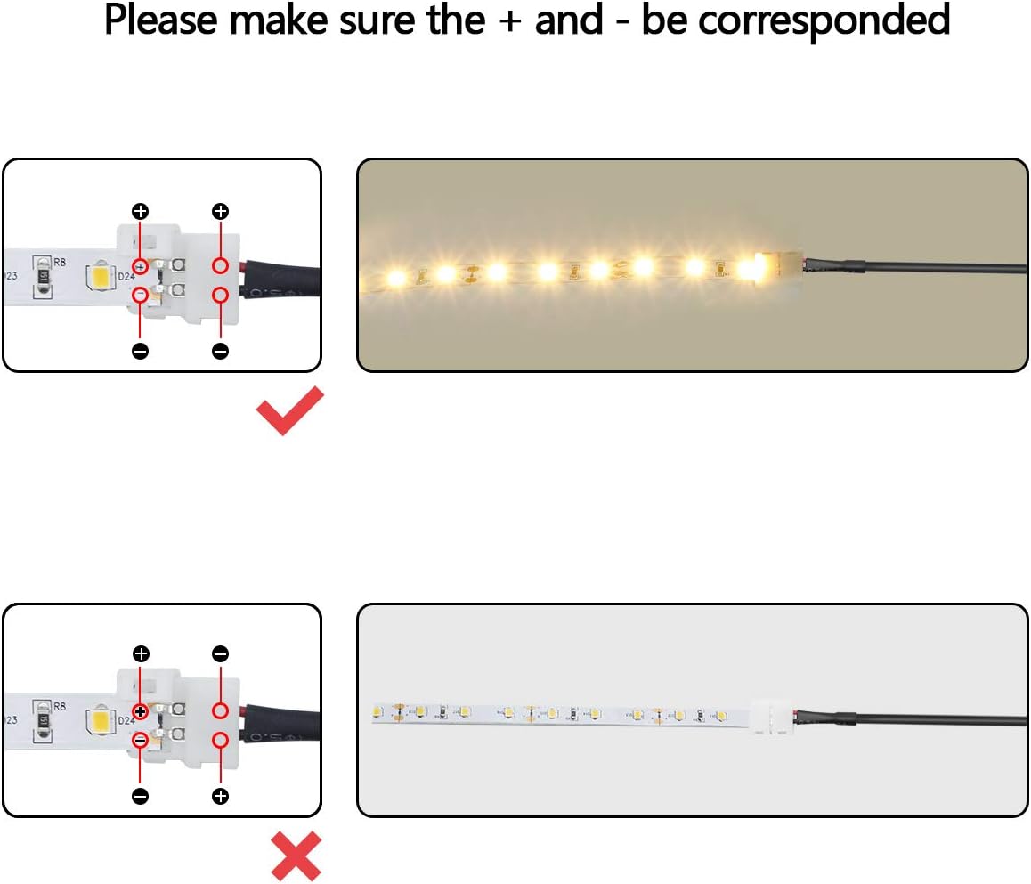 LightingWill 10pcs/Pack Strip to DC Female Plug Solderless Snap Down 2Pin Conductor LED Strip Connector for Quick Splitter Connection of 8mm Wide 3528 2835 Single Color Flex LED Strips