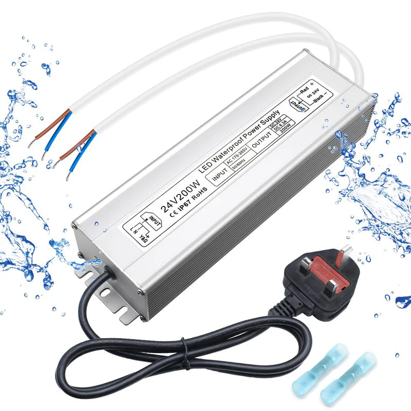 24V Waterproof LED Driver – 200W–500W Outdoor Power Adapter, 175–265V AC Input, Single or Dual Wire Output, CE/RoHS/FCC Certified, UK/EU Plug & Wire Lead Options