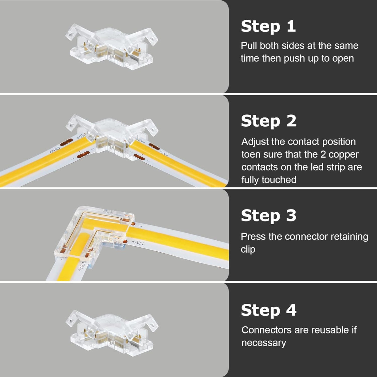 LightingWill LED Connectors 2Pin 8mm, 10 PCS L Shape Connector Transparent Solderless, Right Angle Corner Tape Light Connector, No Dark Area for COB/SMD 2835 3528 Single Color LED Strips