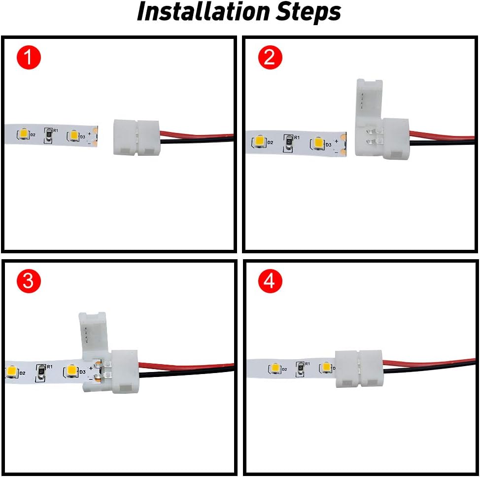 LightingWill 10pcs Pack Strip Wire Solderless Snap Down 2Pin Conductor LED Strip Connector for 8mm Wide 3528 2835 Single Color Flex LED Strips