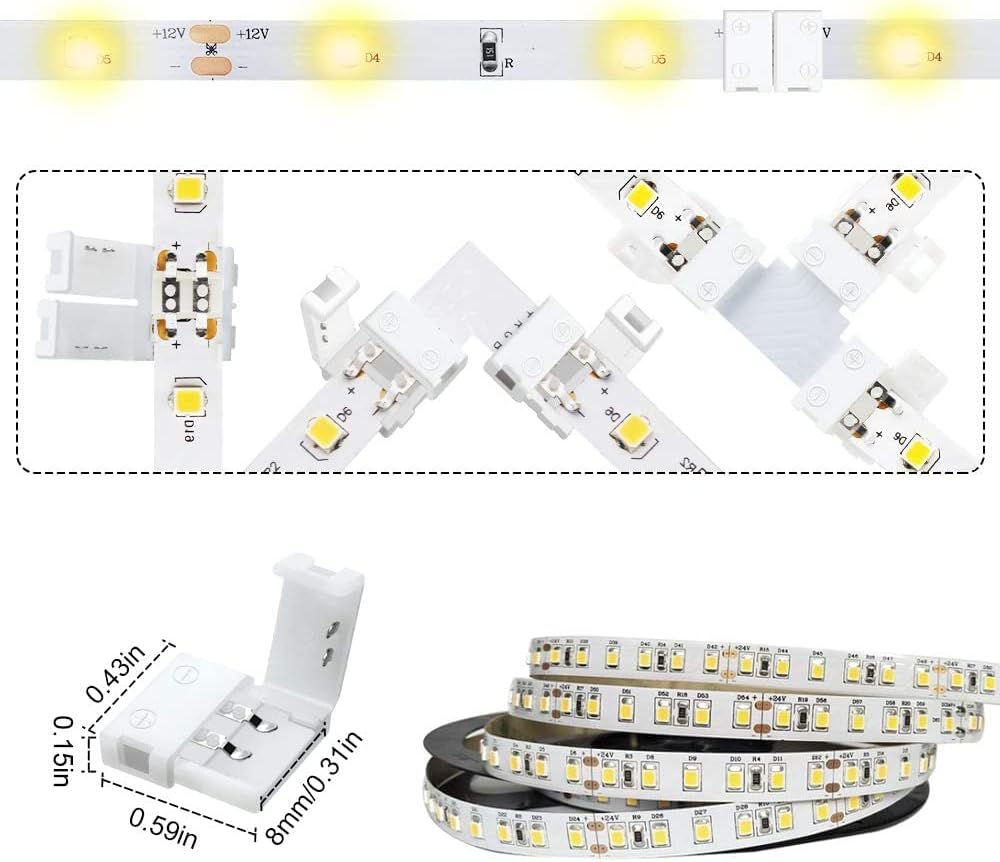 LightingWill 2 Pin LED Strip Light Connector Kit, 8mm Solderless Adapter Connectors, LED Strip Accessories Set for 8mm Wide 3528 2835 Single Color Flex LED Strips, 24 Pack