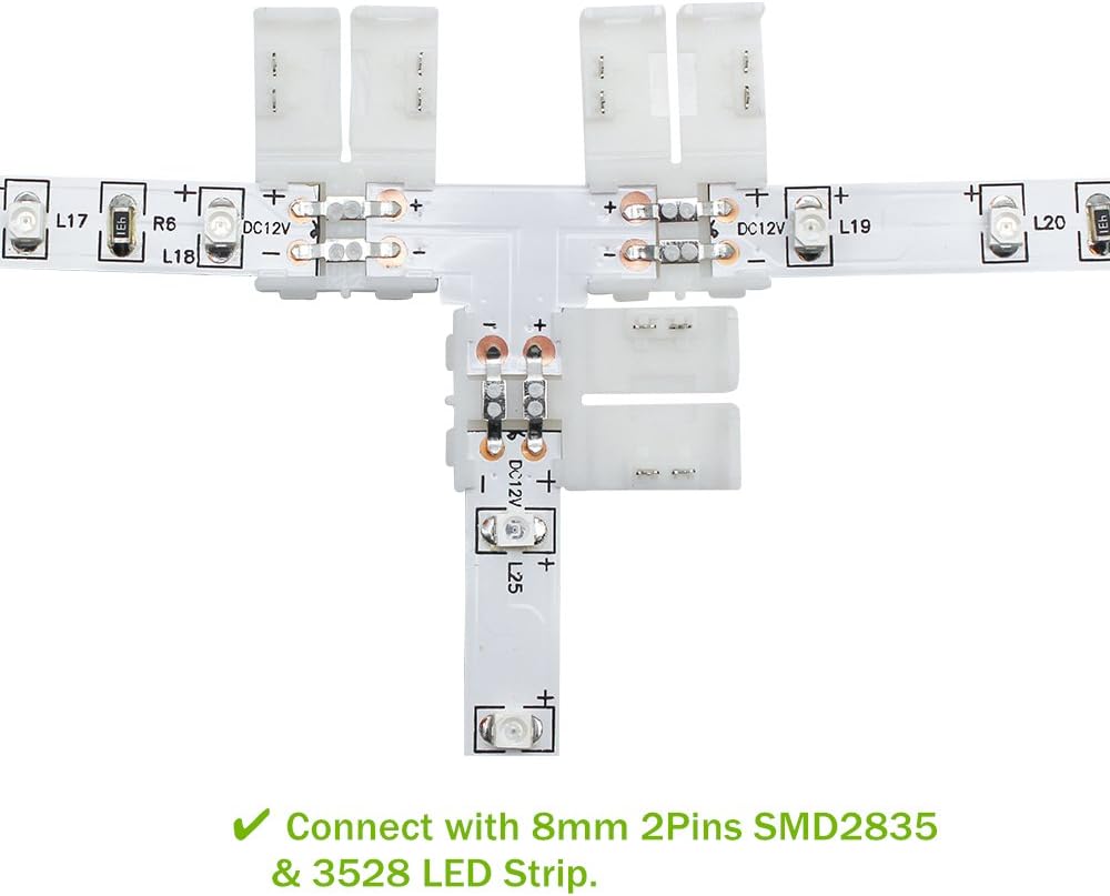 LightingWill 10pcs/Pack T Shape Solderless Snap Down 2Pin Conductor LED Strip Connector for Quick Splitter Connection of 8mm Wide 3528 2835 Single Color Flex LED Strips