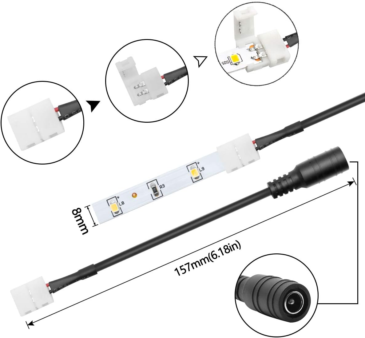 LightingWill 10pcs/Pack Strip to DC Female Plug Solderless Snap Down 2Pin Conductor LED Strip Connector for Quick Splitter Connection of 8mm Wide 3528 2835 Single Color Flex LED Strips