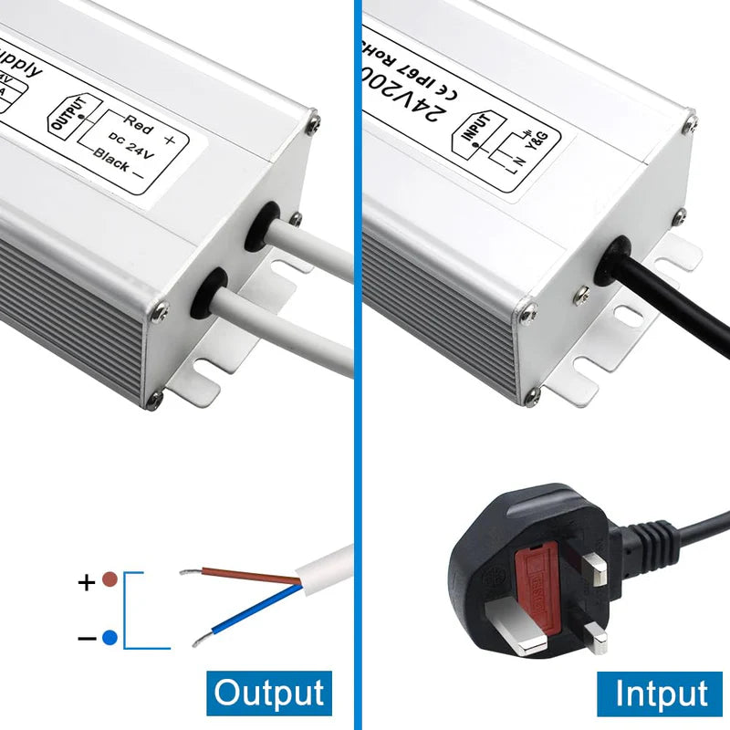 24V Waterproof LED Driver – 200W–500W Outdoor Power Adapter, 175–265V AC Input, Single or Dual Wire Output, CE/RoHS/FCC Certified, UK/EU Plug & Wire Lead Options