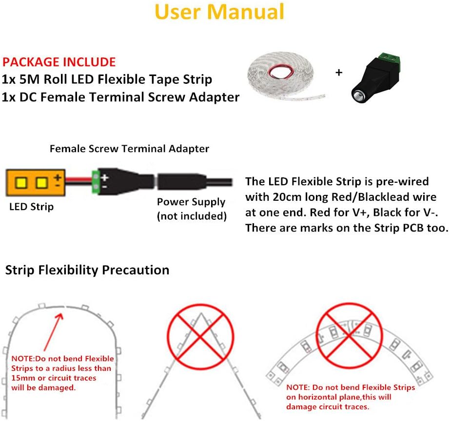 LightingWill LED Strip Lights IP67 Waterproof CRI80 SMD2835 16.4Ft(5M) 300LEDs Pure White 5000K-6000K 60LEDs/M DC12V 60W 12W/M 8mm White PCB Flexible Ribbon Strip with Adhesive Tape M2835PW300W