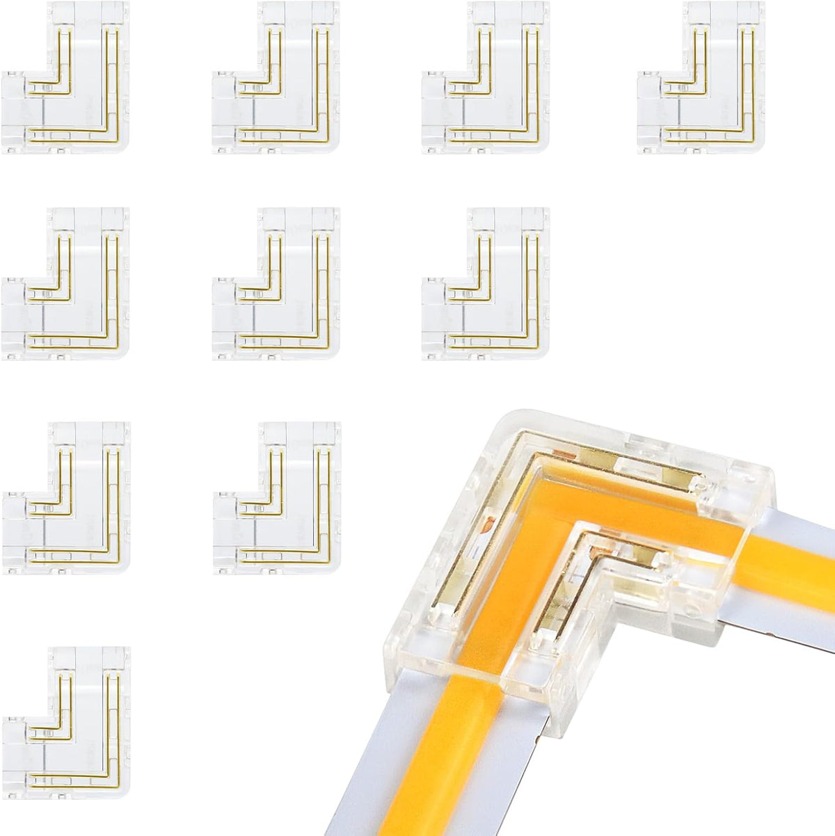 LightingWill LED Connectors 2Pin 8mm, 10 PCS L Shape Connector Transparent Solderless, Right Angle Corner Tape Light Connector, No Dark Area for COB/SMD 2835 3528 Single Color LED Strips
