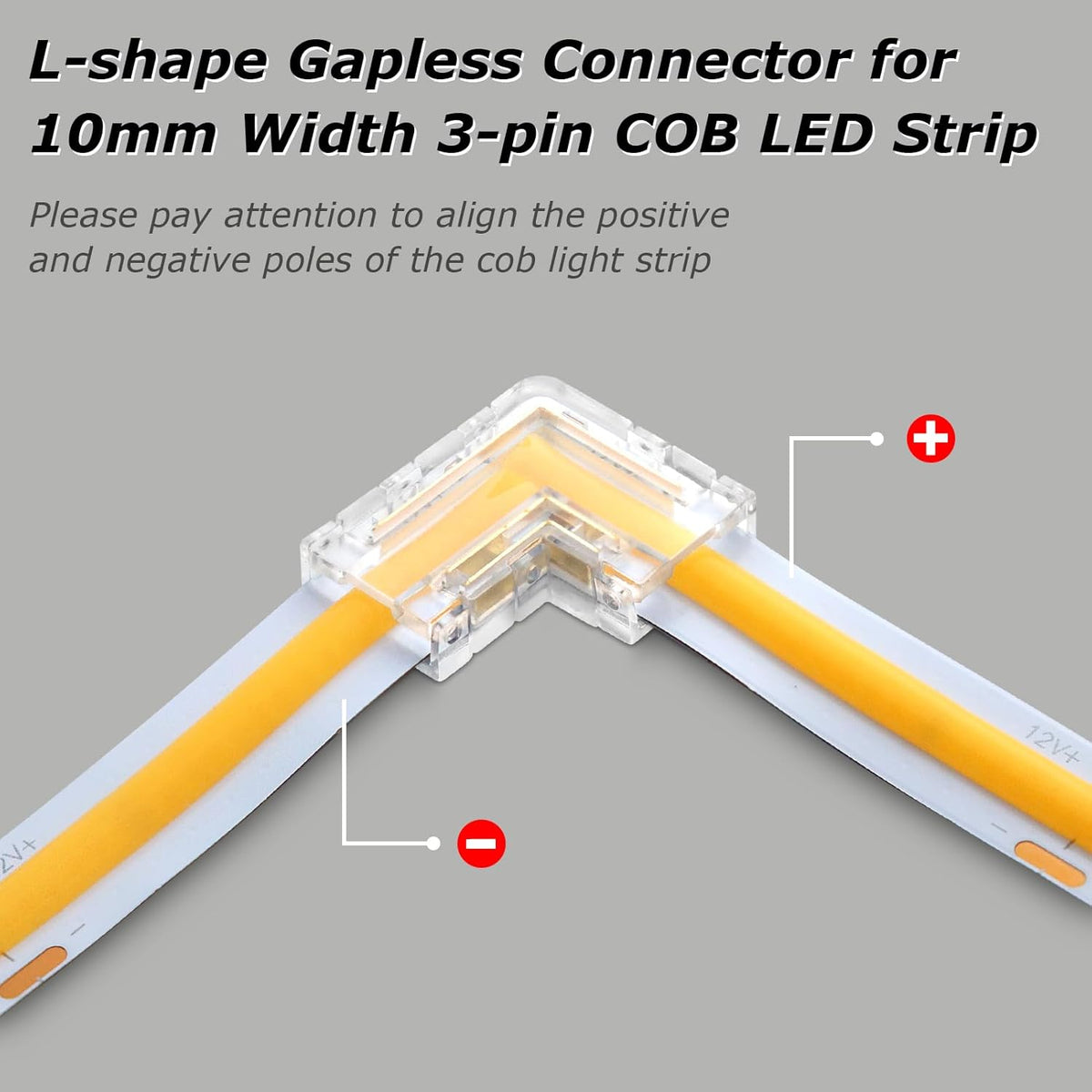 LightingWill LED Connectors 3Pin 10mm, 10 PCS L Shape Connector Transparent Solderless, Right Angle Corner LED Tape Light Connector, 3 Conductor No Dark Area for COB Single Color LED Strips