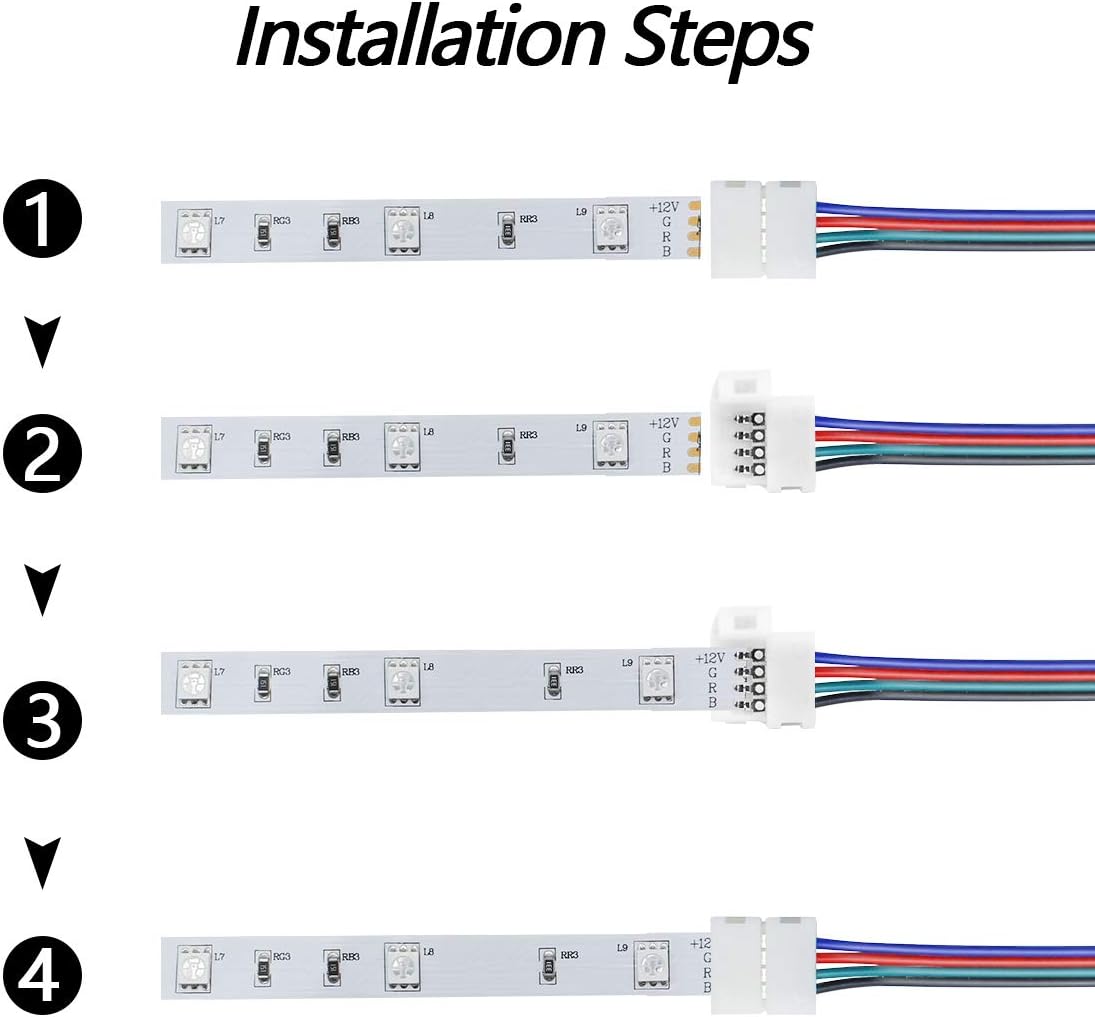 LightingWill 10pcs Pack Strip to Strip with Wire Solderless Snap Down 4Conductor LED Strip Connector for 10mm Wide 5050 RGB Flex LED Strips