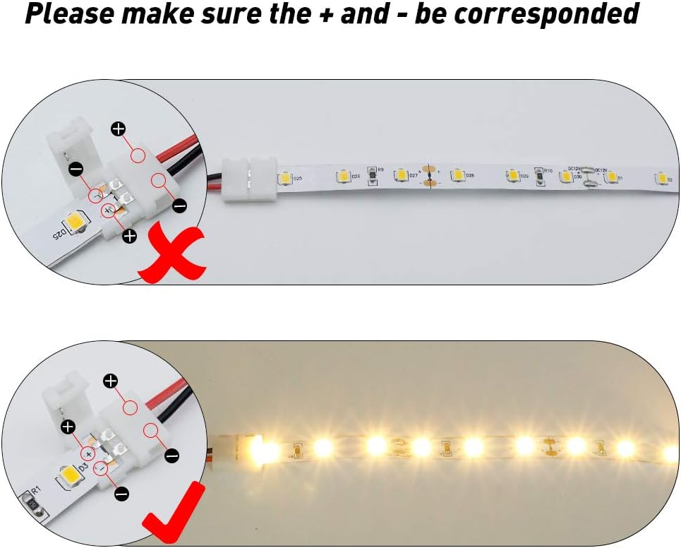 LightingWill 10pcs Pack Strip Wire Solderless Snap Down 2Pin Conductor LED Strip Connector for 8mm Wide 3528 2835 Single Color Flex LED Strips