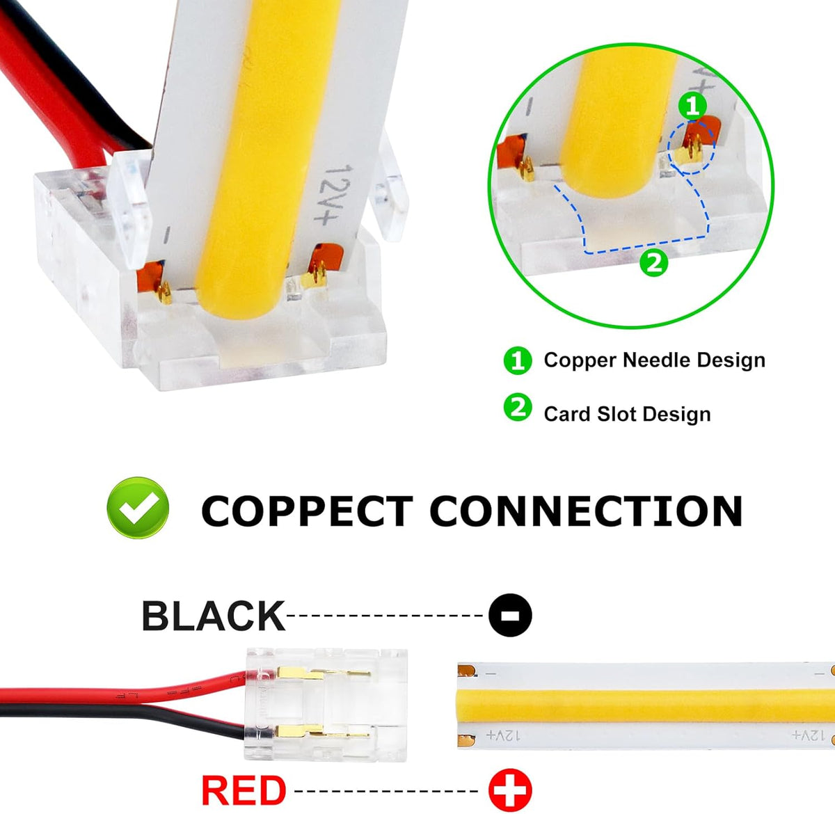 LightingWill LED Strip Connectors 2Pin 8mm, 10 PCS LED Connectors Solderless Pigtail for Single Color LED Light Strips, Compatible with COB/SMD 2835 3528