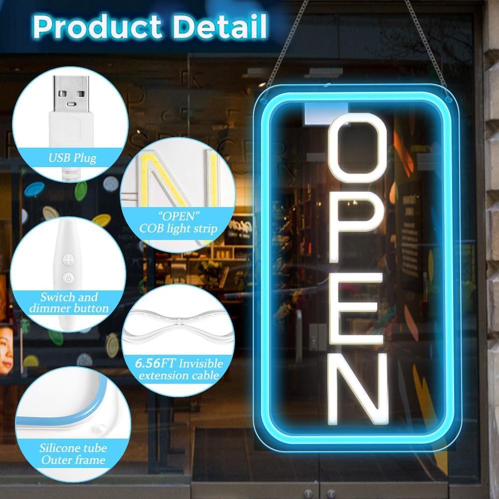 Vertical OPEN Neon Sign – 6 Color Options | USB Powered | 17×9 inch (44×24 cm) | LED Window Hanging Light for Storefronts