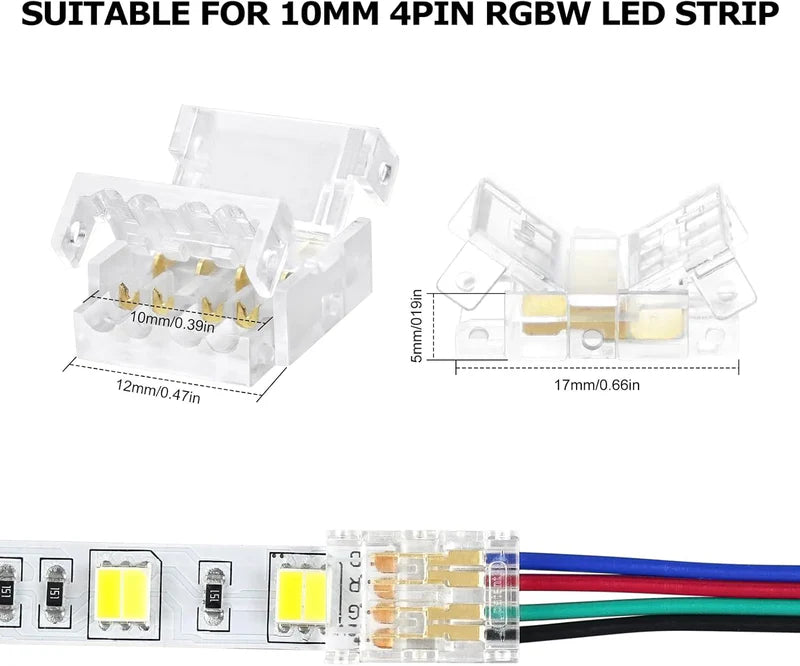 LightingWill LED Strip Connector 10mm 4Pin Transparent Solderless Clips, LED Light Strip Connector Strip to Wire Strip to Strip Female Plug Connector for RGB Strip, Bulk 500pcs MOQ Factory Direct