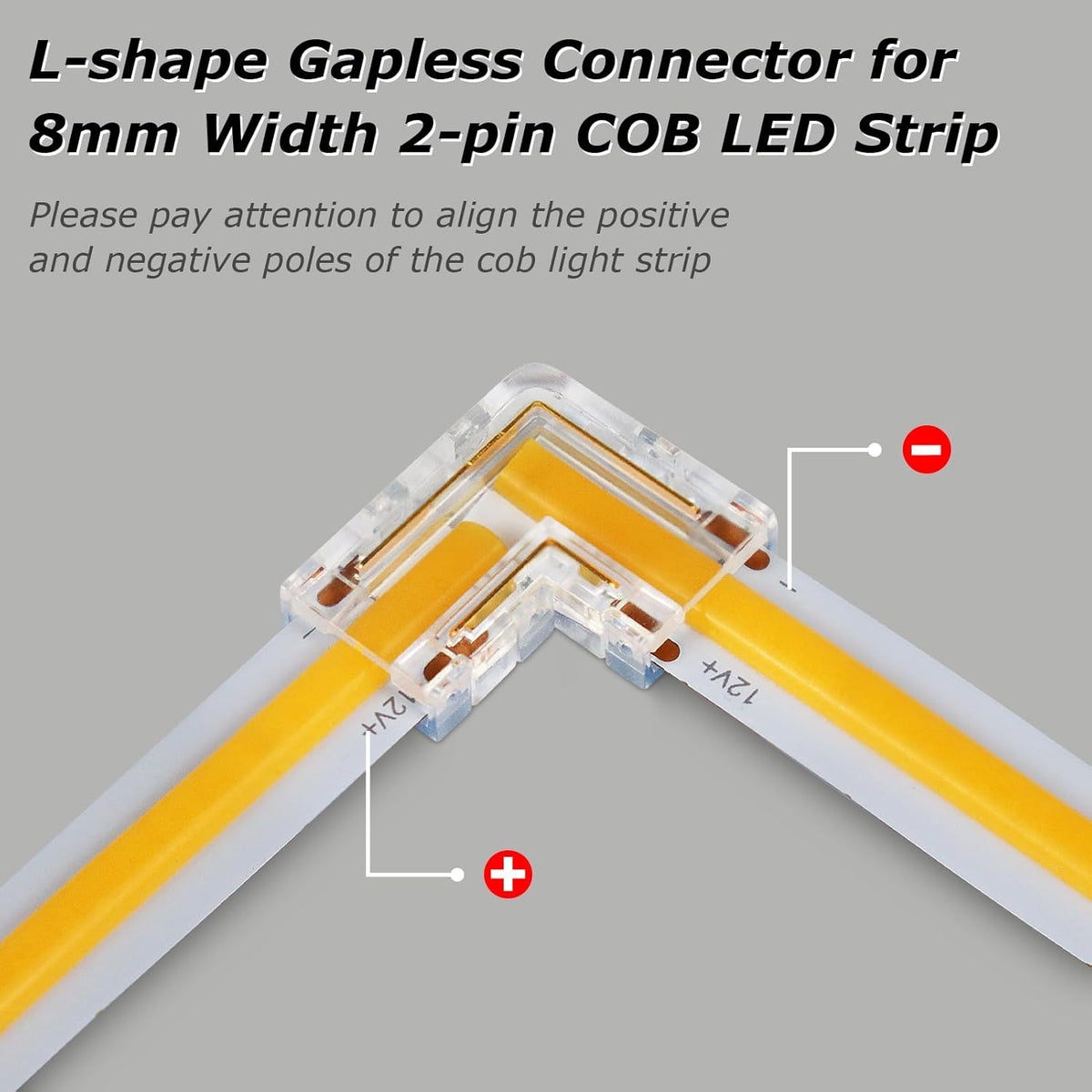 LightingWill LED Connectors 2Pin 8mm, 10 PCS L Shape Connector Transparent Solderless, Right Angle Corner Tape Light Connector, No Dark Area for COB/SMD 2835 3528 Single Color LED Strips