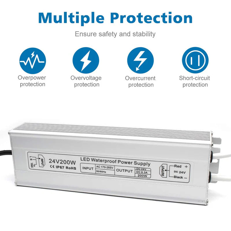 24V Waterproof LED Driver – 200W–500W Outdoor Power Adapter, 175–265V AC Input, Single or Dual Wire Output, CE/RoHS/FCC Certified, UK/EU Plug & Wire Lead Options