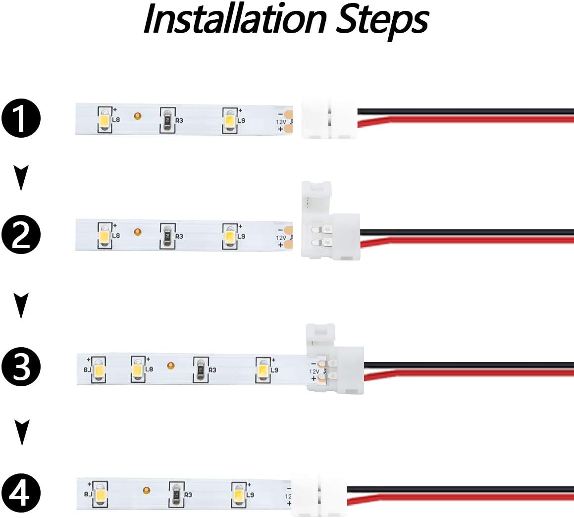 LightingWill 10pcs/Pack Strip to Strip with Wire Solderless Snap Down 2Pin Conductor LED Strip Connector for 8mm Wide 3528 2835 Single Color Flex LED Strips