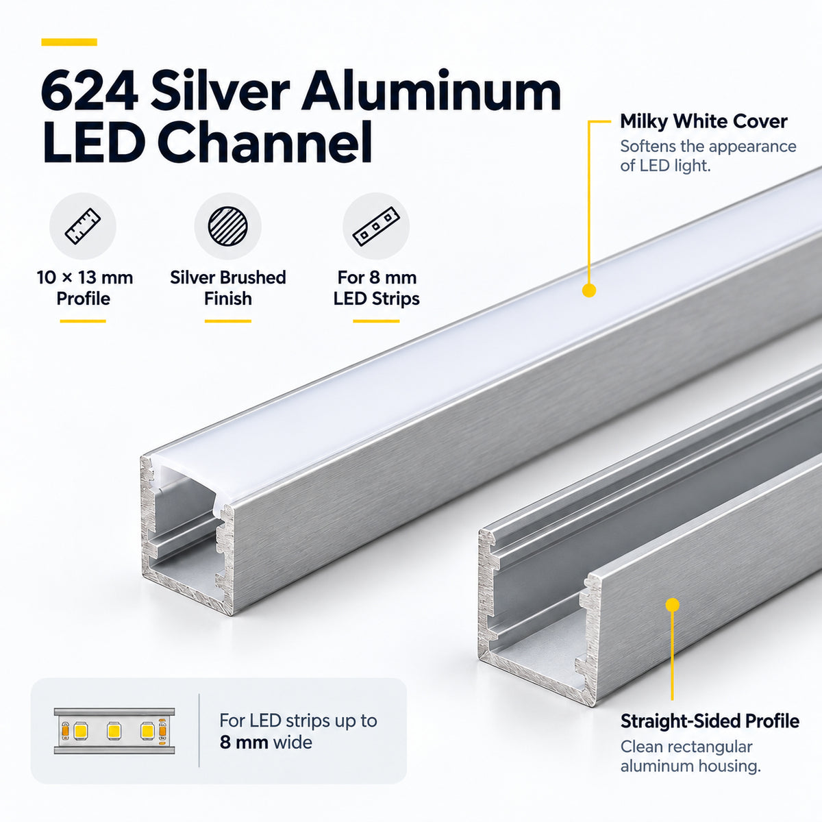 Silver 624-B 10 × 13mm Mini Square Trimless Surface-Mount LED Aluminum Channel, 8mm Inner Width, with Milky White Cover & Installation Accessories