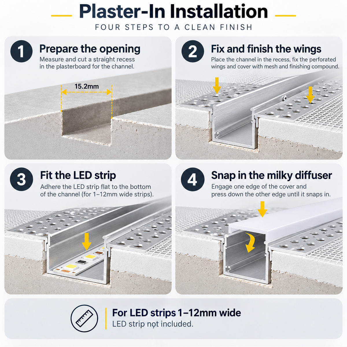 Silver 639 Double-Sided LED Aluminum Channel for Plaster-In Drywall, Fits LED Strips Up to 12mm Wide, with Milky White Diffuser