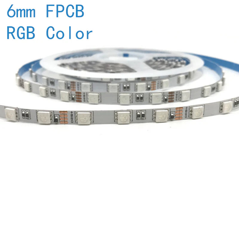 LightingWill 6MM Wide SMD5050 RGB LED Strip Light - DC12V | 60 LEDs/M | 6mm PCB | Non-Waterproof | 5/50M | for Mirror, Kitchen Cabinet, Bedroom