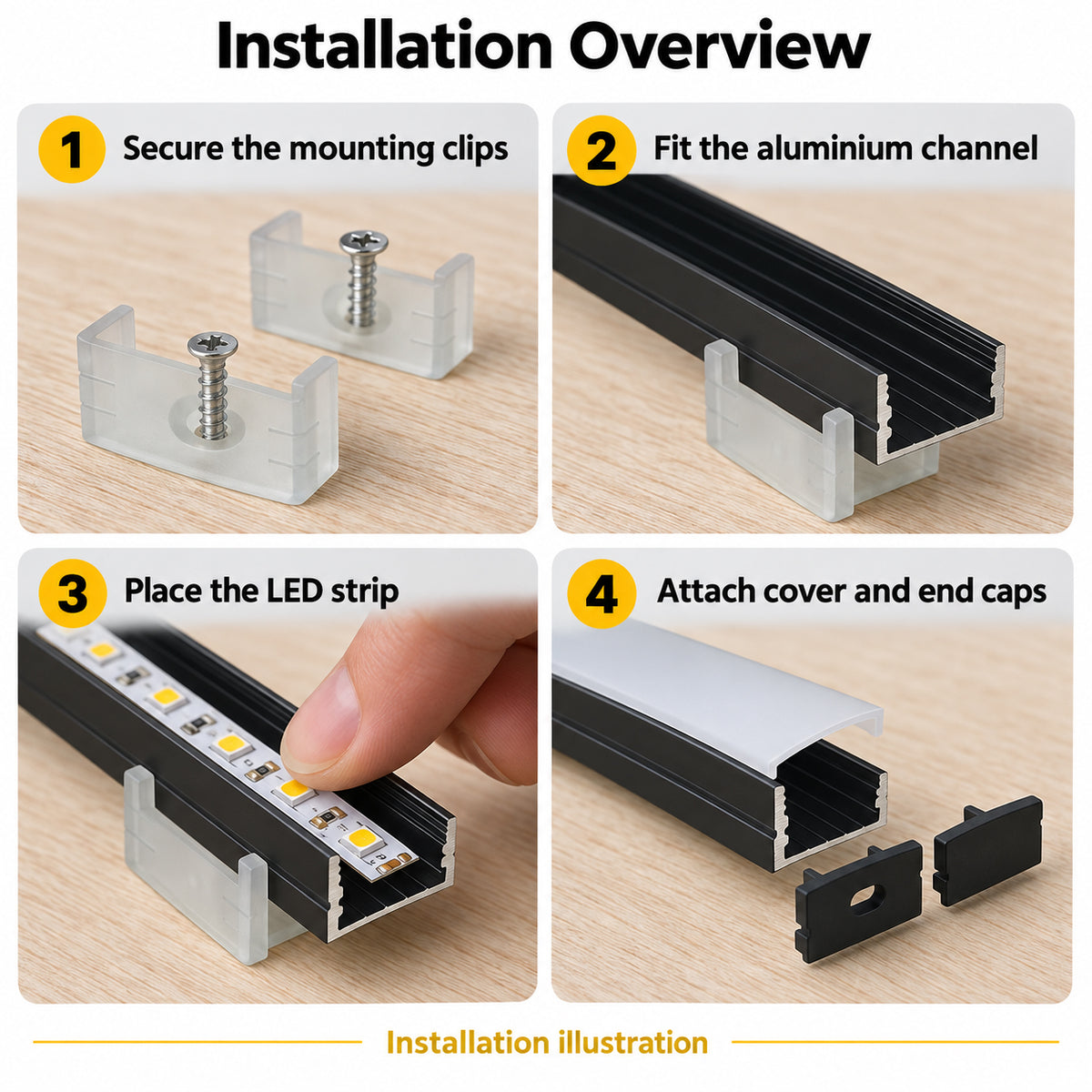 Schwarzes U04 10 x 23 mm U-förmiges Innenmaß 20 mm LED-Aluminium-Kanalsystem mit Abdeckung, Endkappen und Befestigungsklammern, Aluminium-Strangpressprofil für die Installation von LED-Lichtstreifen