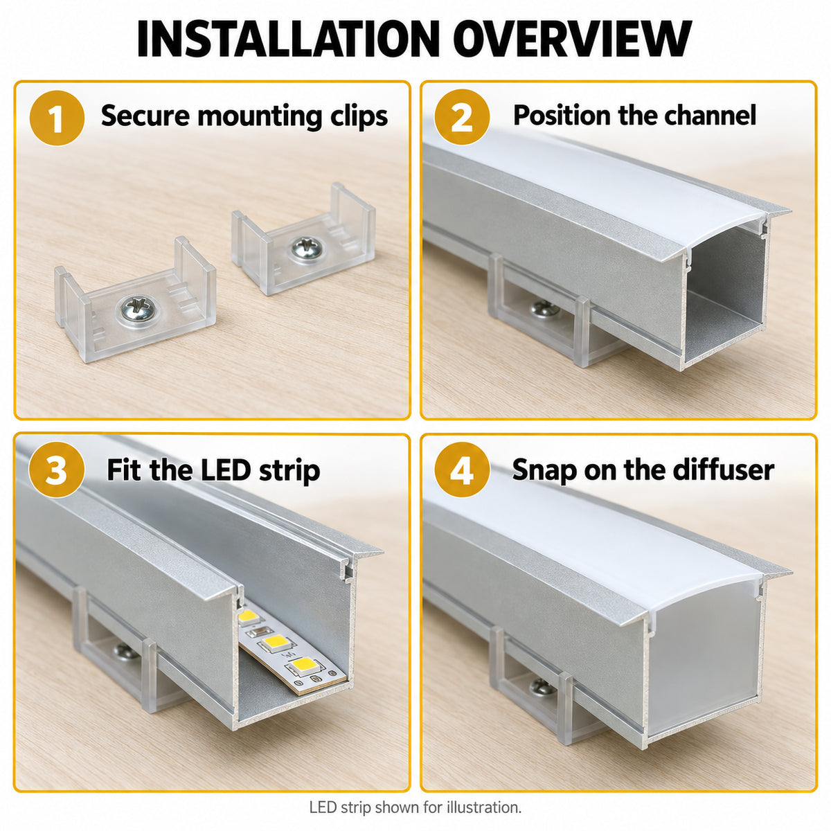 Silver U05 36x24mm U-Shape LED Aluminum Channel, 20mm Inner Width, with Cover, End Caps & Mounting Clips for Spot-Free LED Strip Lighting