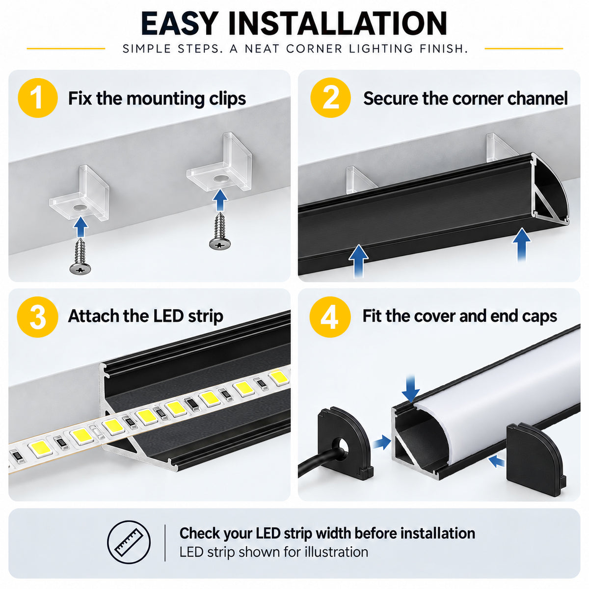 Black V02 16x16mm V-Shape Corner-Mount LED Aluminum Channel, 12mm Inner Width, with Cover, End Caps & Mounting Clips