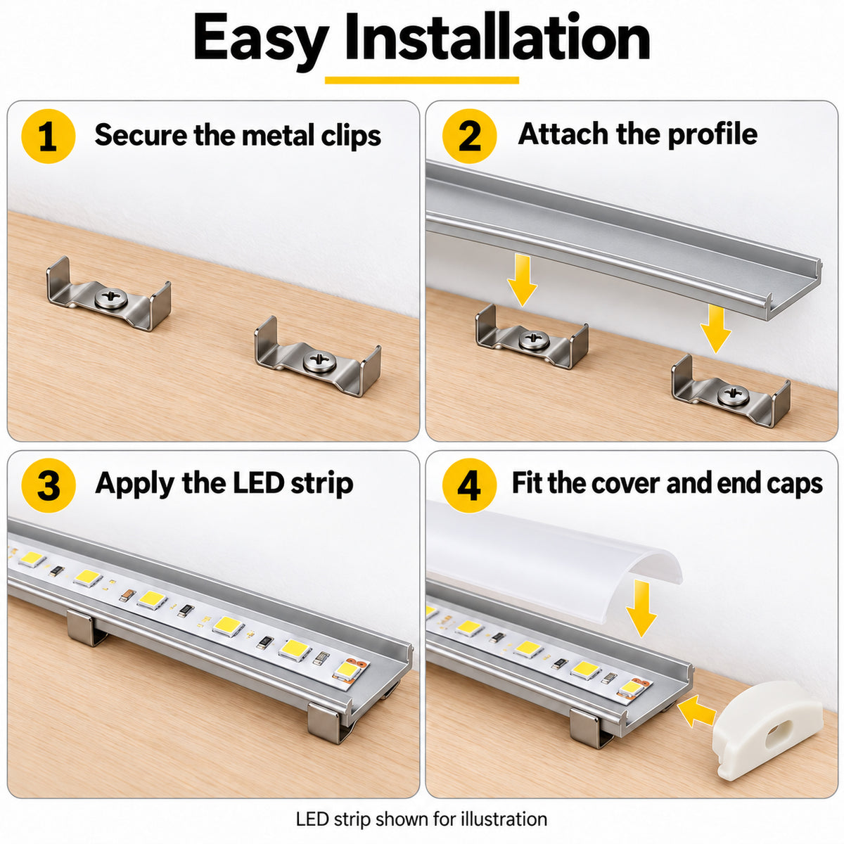 Silber U03 10 x 30 mm U-Form Innenbreite 20 mm LED-Aluminium-Kanalsystem mit Abdeckung, Endkappen und Befestigungsklammern Aluminiumprofil für LED-Lichtstreifeninstallationen
