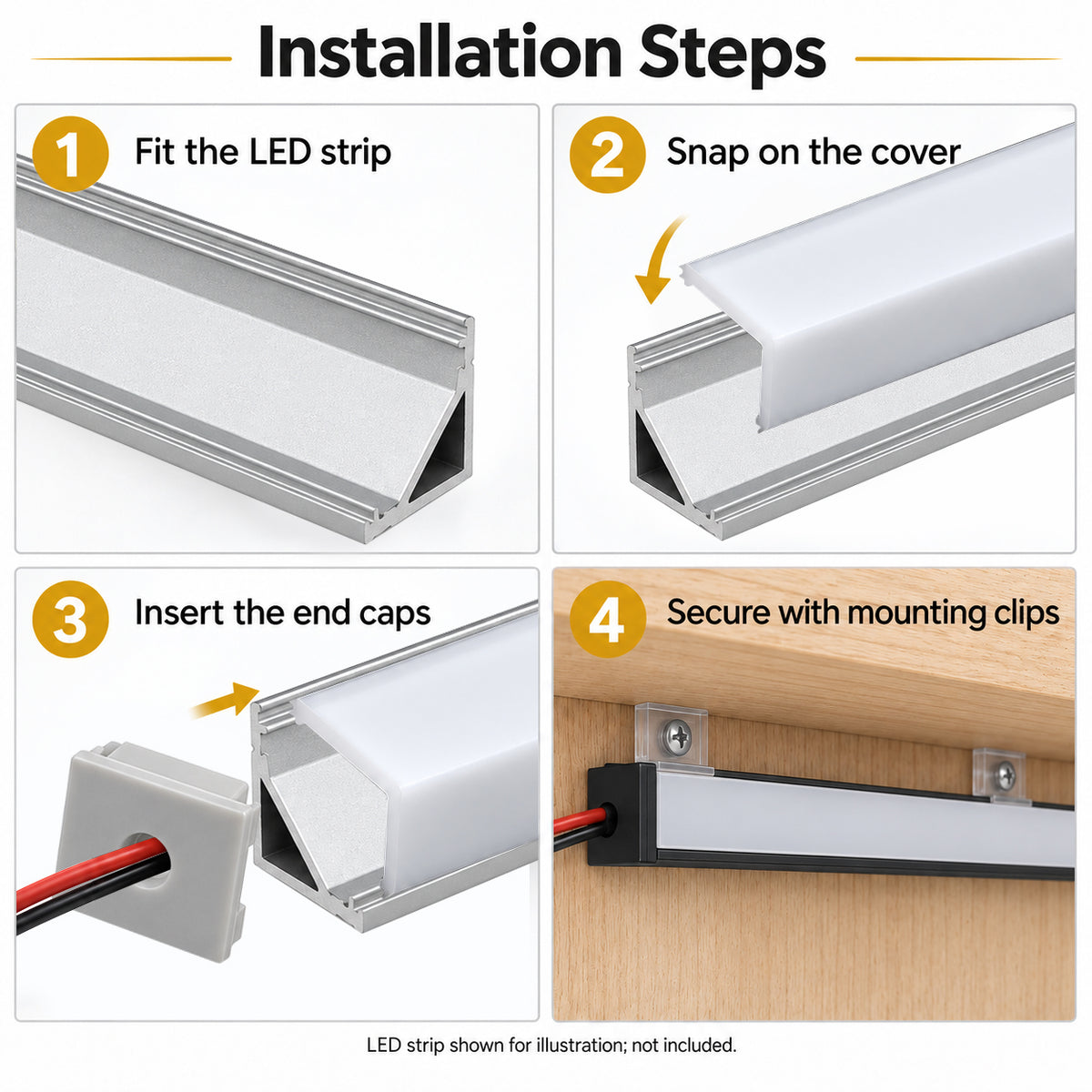Silver V01 16x16mm V-Shape Corner-Mount LED Aluminum Channel, 12mm Inner Width, with Cover, End Caps & Mounting Clips