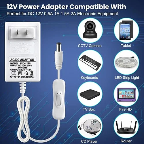 DC 12V Plug-in LED Adapter with On/Off Switch, 36W, US Plug, White Housing, 100–240V AC Input - Power Supply for LED Strip Lights, Decorative Lighting and Home Projects