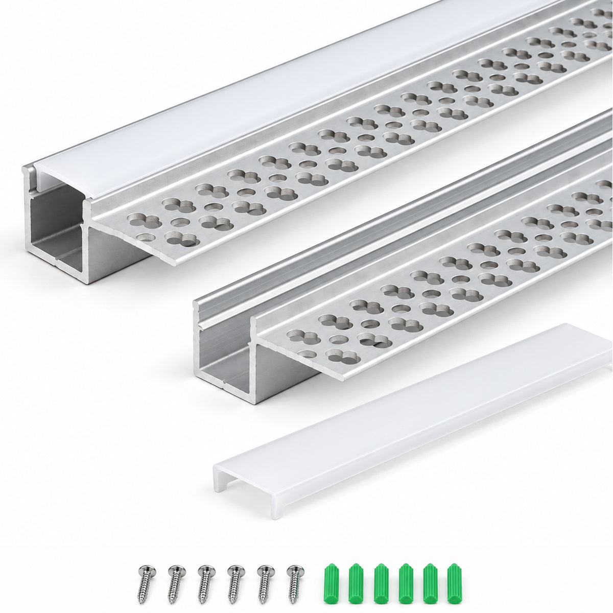 Silver 701 One-Sided LED Aluminum Channel for Plaster-In Drywall, Fits LED Strips Up to 12mm Wide, with Milky White Diffuser